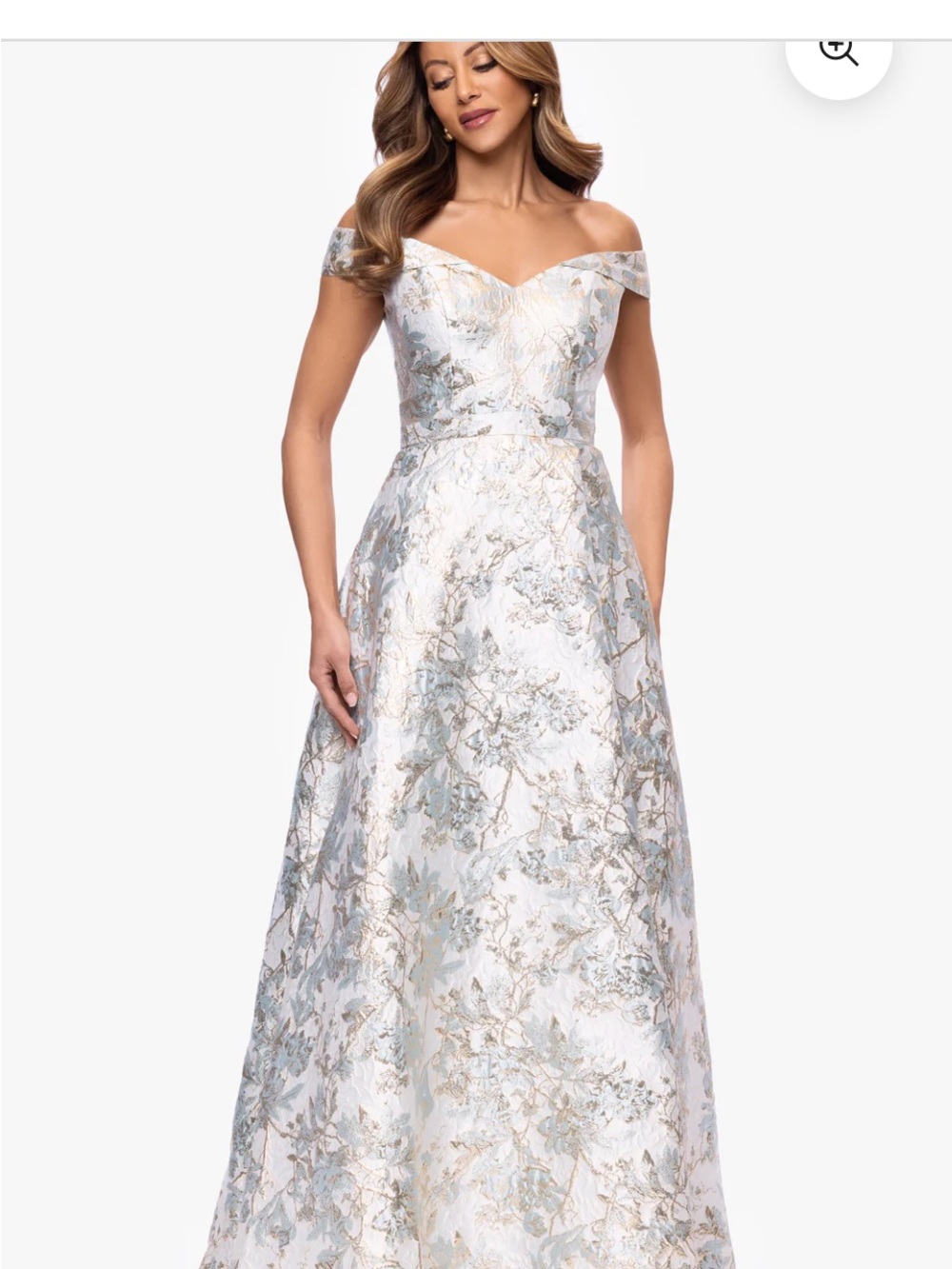 Xscape One-Shoulder Floral Jacquard Gown in Silver and Light Blue